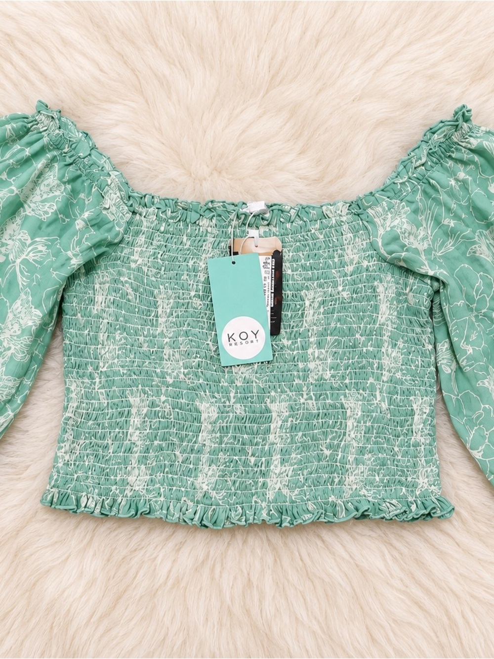 Koy Resort Bloom collection Smocked Crop top in colour Seaglass